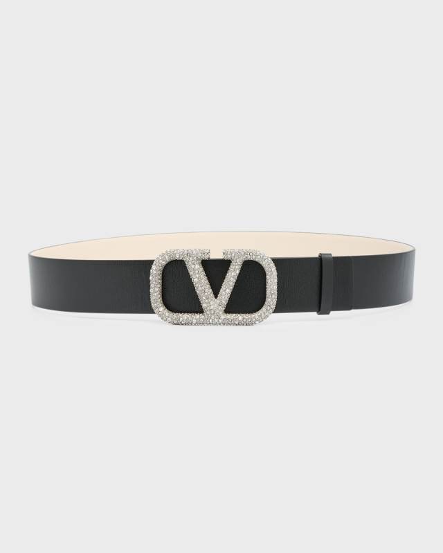 Embellished V-Logo Reversible Leather Belt